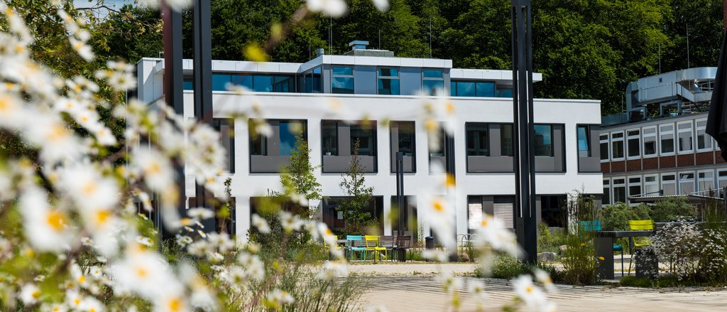 Coastal Campus of Helmholtz-Zentrum in Geesthacht. Image shows a newly built building with spring flowers blooming in front of it.